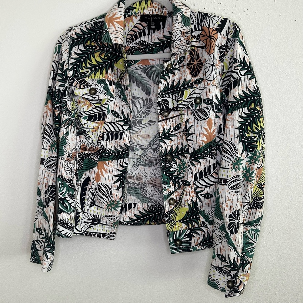 Tahari tropical print linen blend jacket